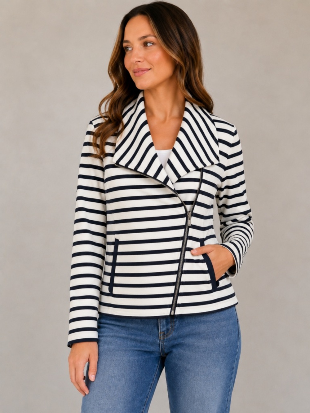 GAP Classic Cotton Nautical Moto Jacket – Navy & White Stripes – Medium Petite